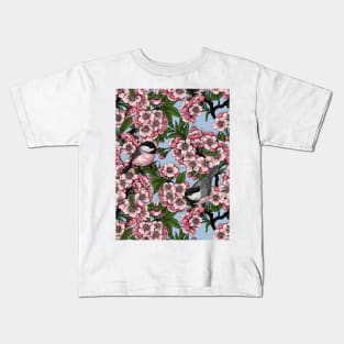 Cherry blossom and chickadees on sky blue Kids T-Shirt